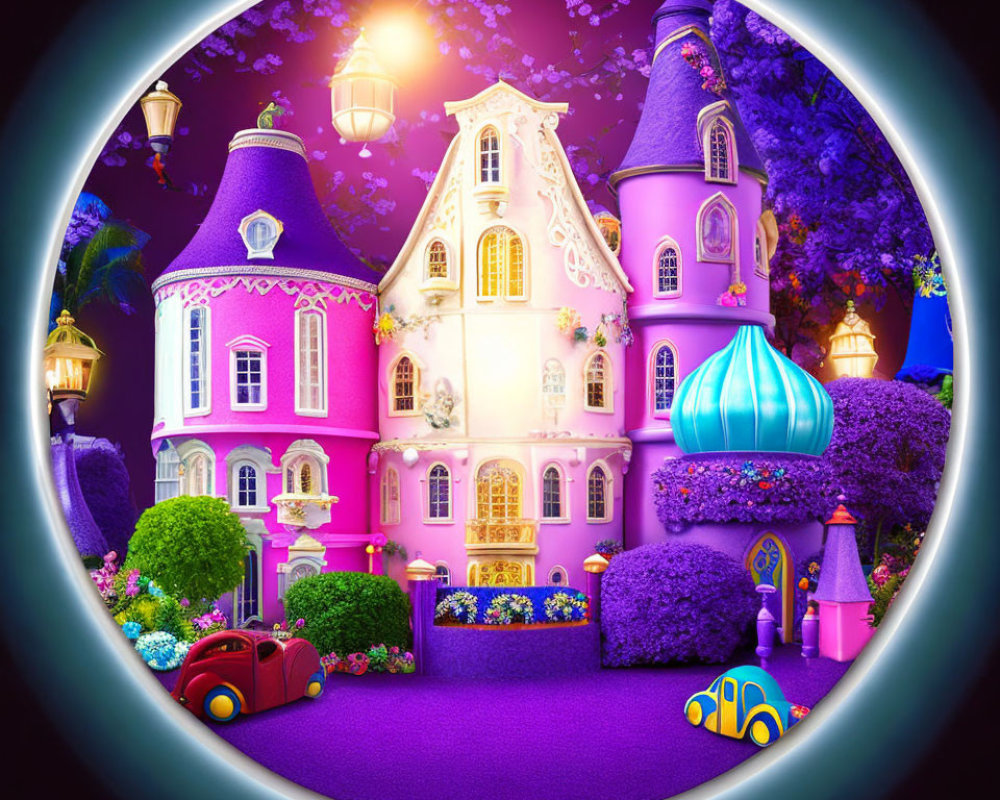 Colorful Fairy-Tale Village Illustration with Whimsical Details