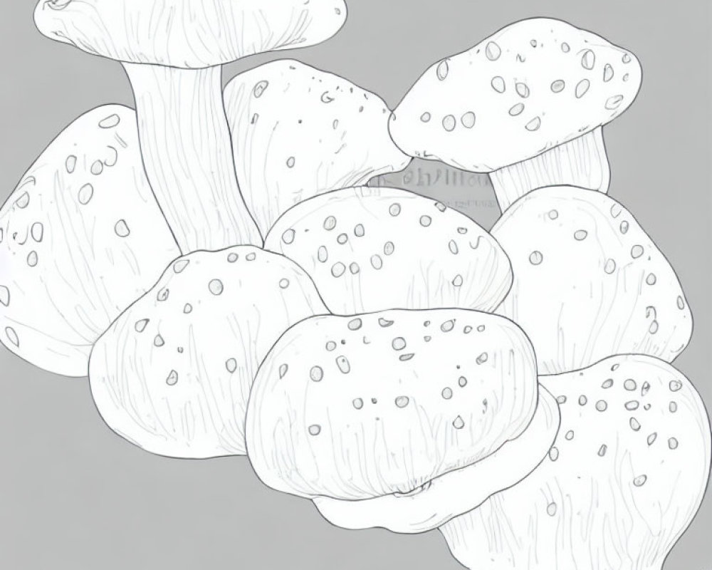 Detailed monochrome sketch of various-sized mushroom cluster with speckled caps and visible gill patterns