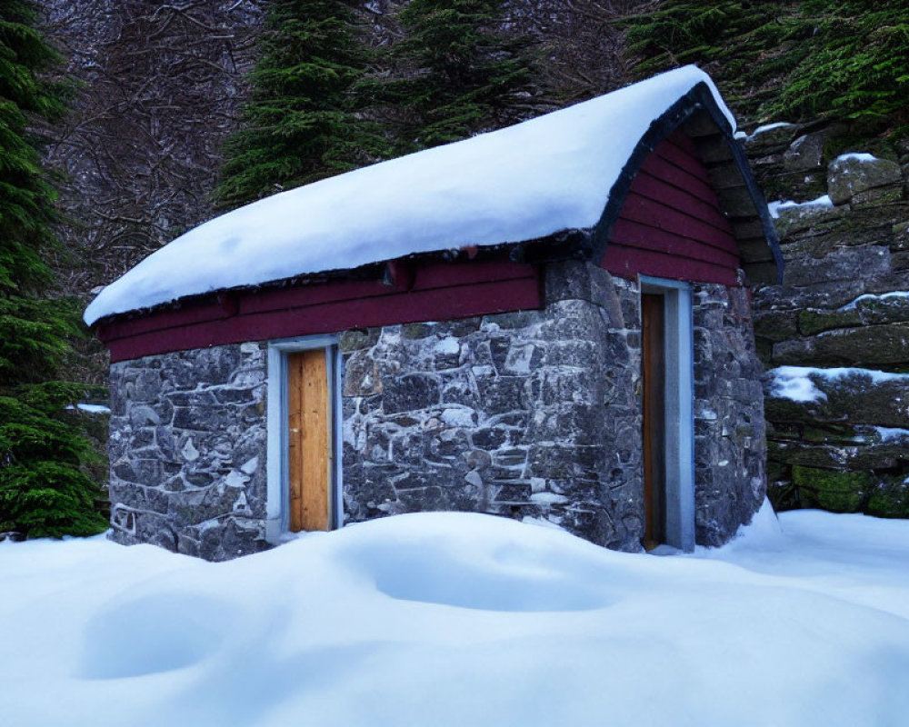 Stone cabin with red roof in snowy forest setting