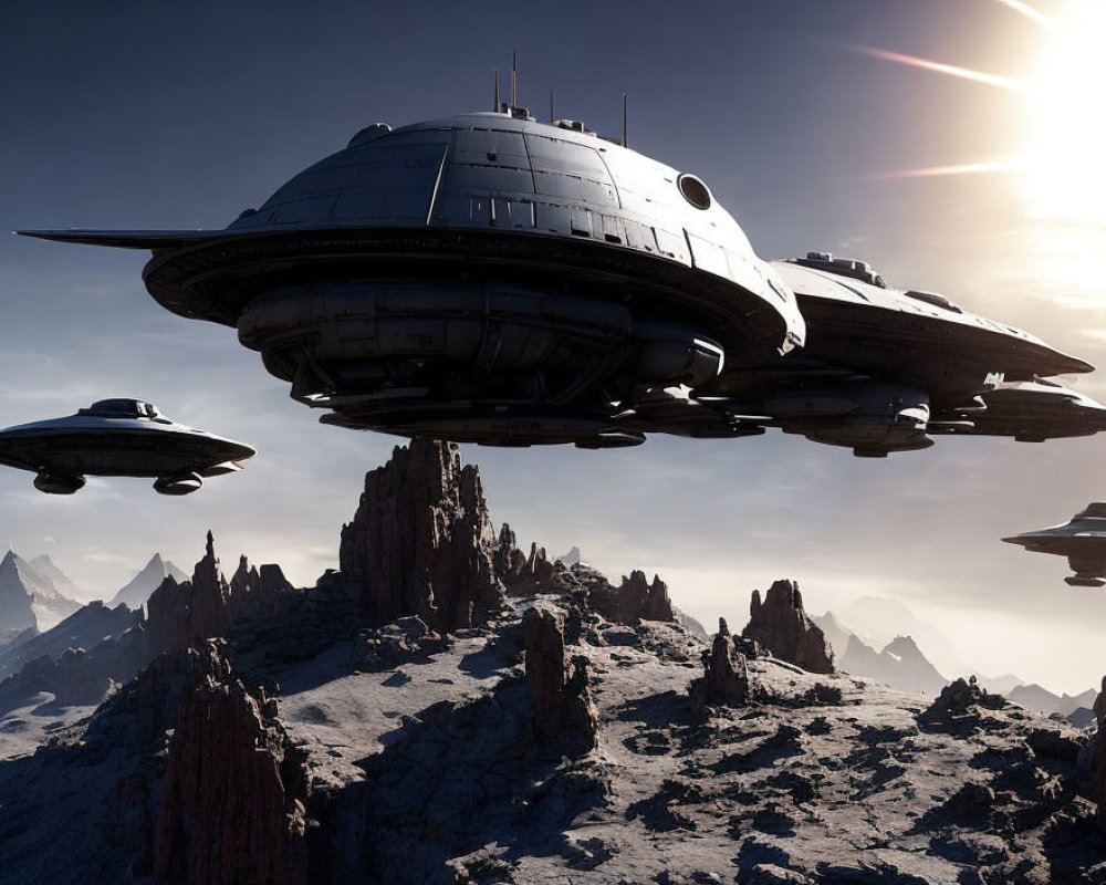 Large spacecrafts hover above rocky, barren landscape in futuristic scene