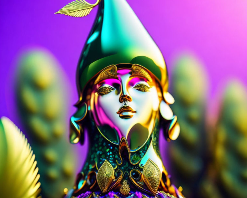 Futuristic digital artwork: metallic face with golden details on purple and green gradient.