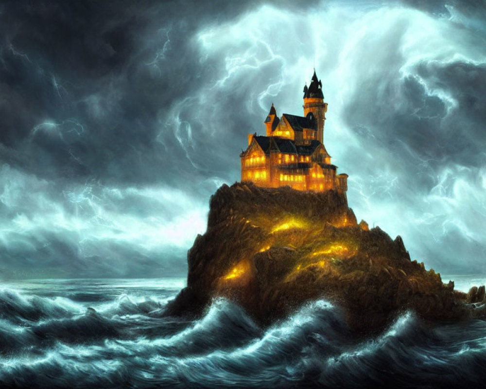 Foreboding castle on craggy cliff in stormy ocean scene