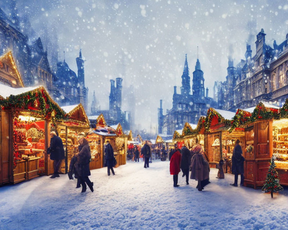 Snowy Christmas Market at Twilight with Festive Decorations