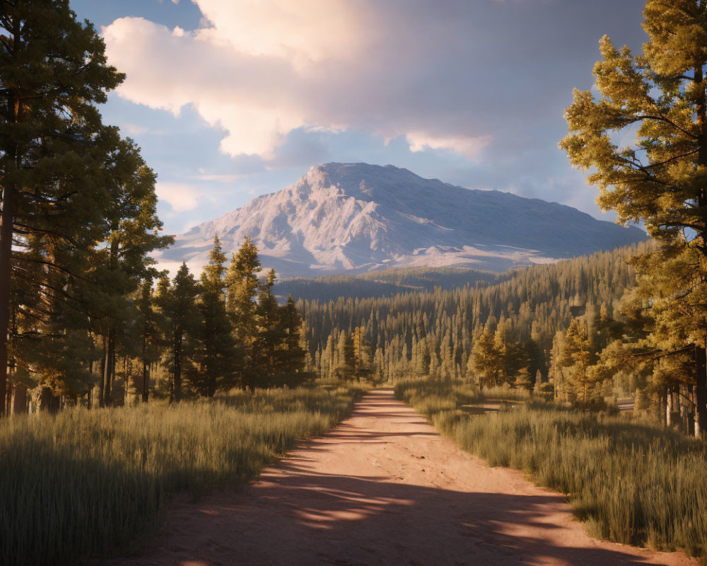 Tranquil forest path to majestic sunlit mountain