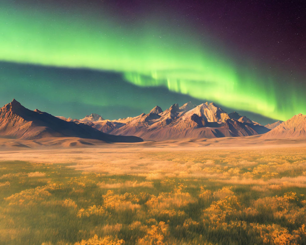 Colorful Aurora Borealis above Mountain Range and Starlit Sky