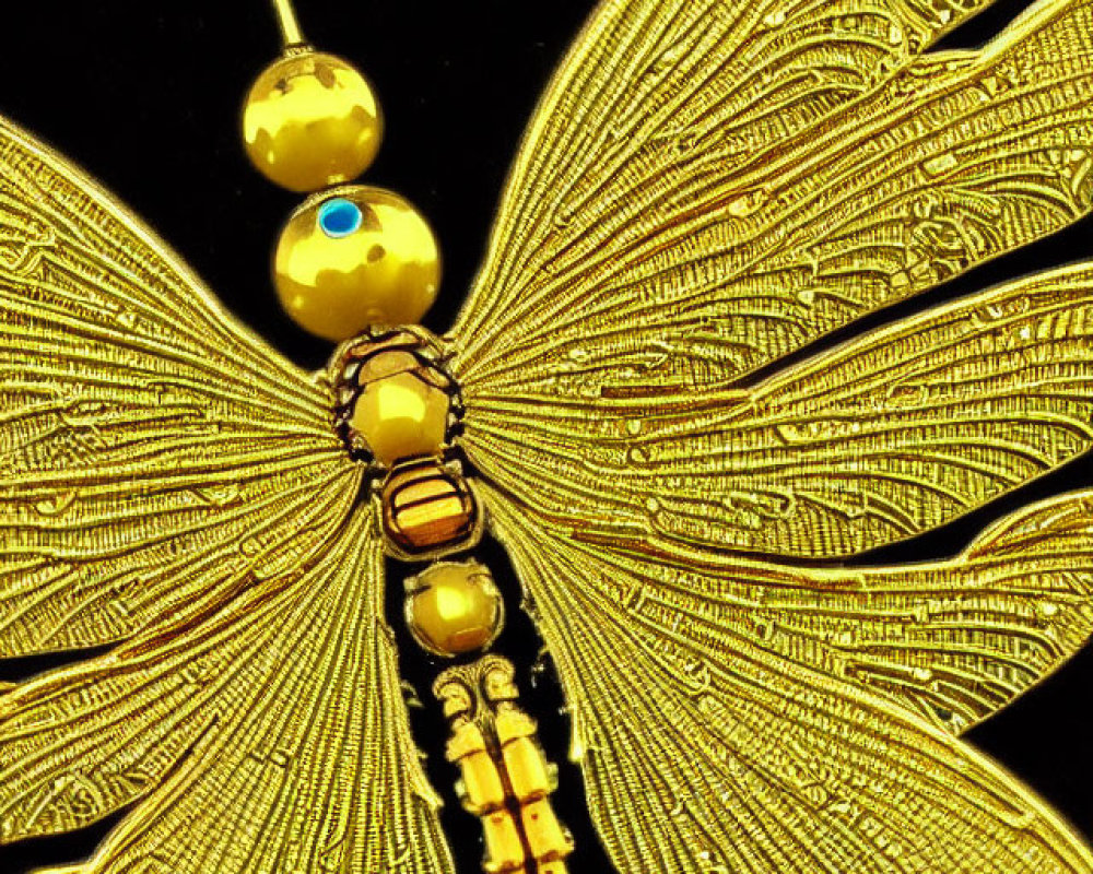 Gold-Toned Filigree Dragonfly Brooch with Beads Detailing