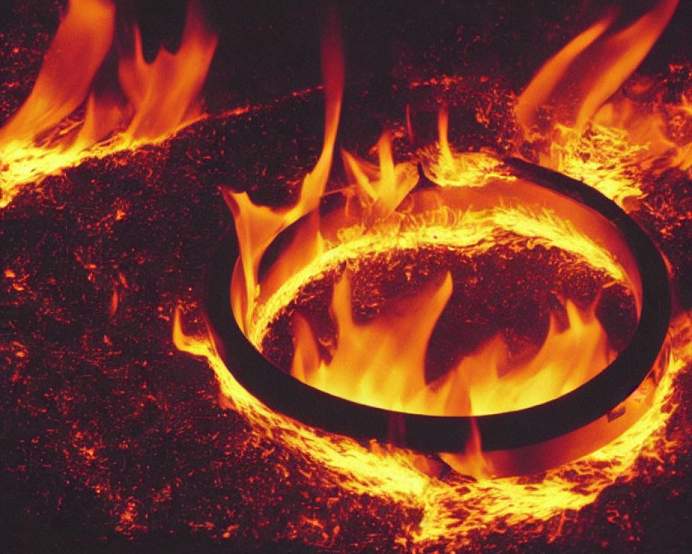 Metal ring engulfed in intense flames on smoldering embers