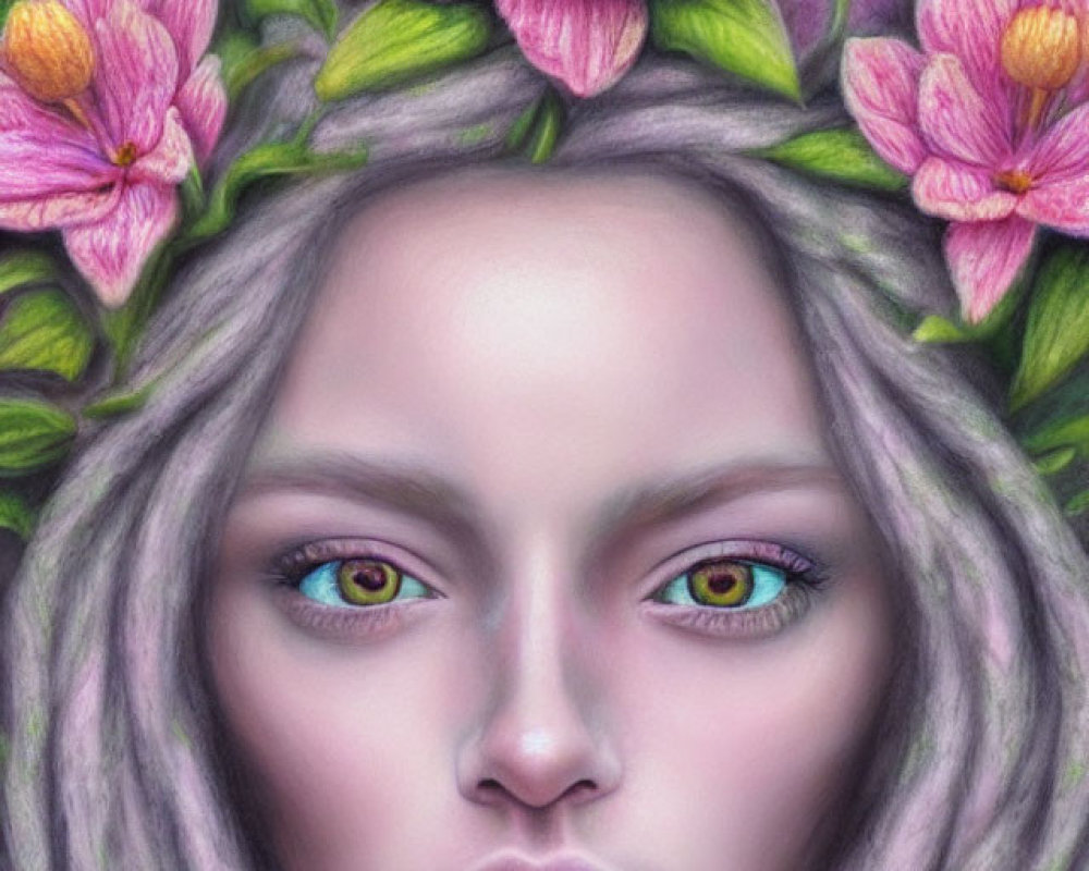 Digital painting: Woman with floral crown and multicolored eyes in purple aura