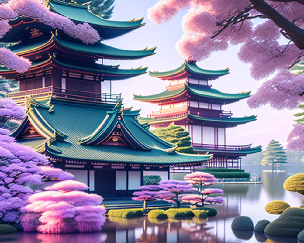 Traditional Japanese Pagoda with Cherry Blossoms by Tranquil Lake