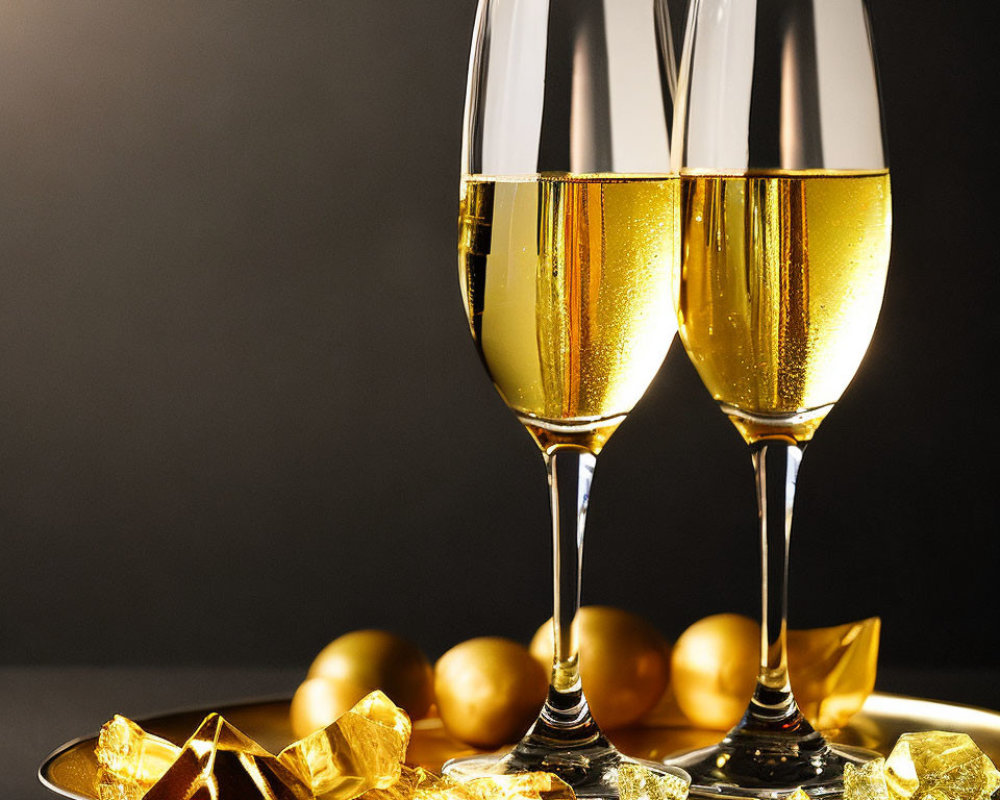 Luxurious Champagne Glasses on Tray with Golden Ornaments