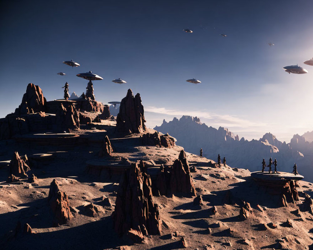 Futuristic landscape with rocky terrain and flying saucers in sunlit sky