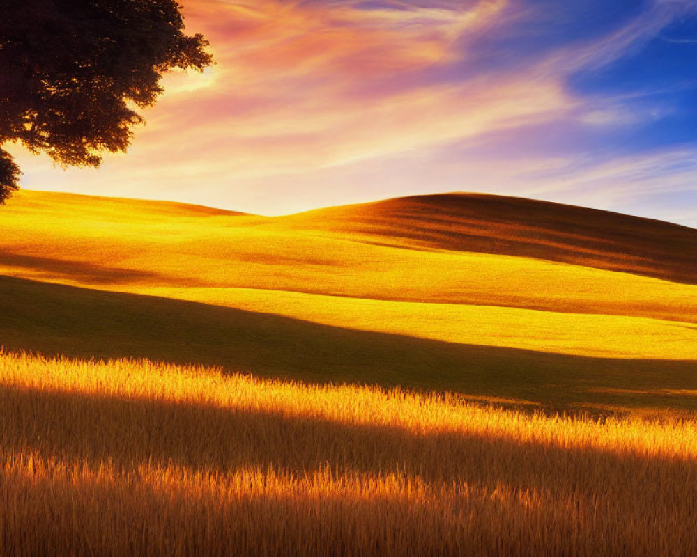 Scenic landscape with golden hills, lone tree, and colorful sunset sky