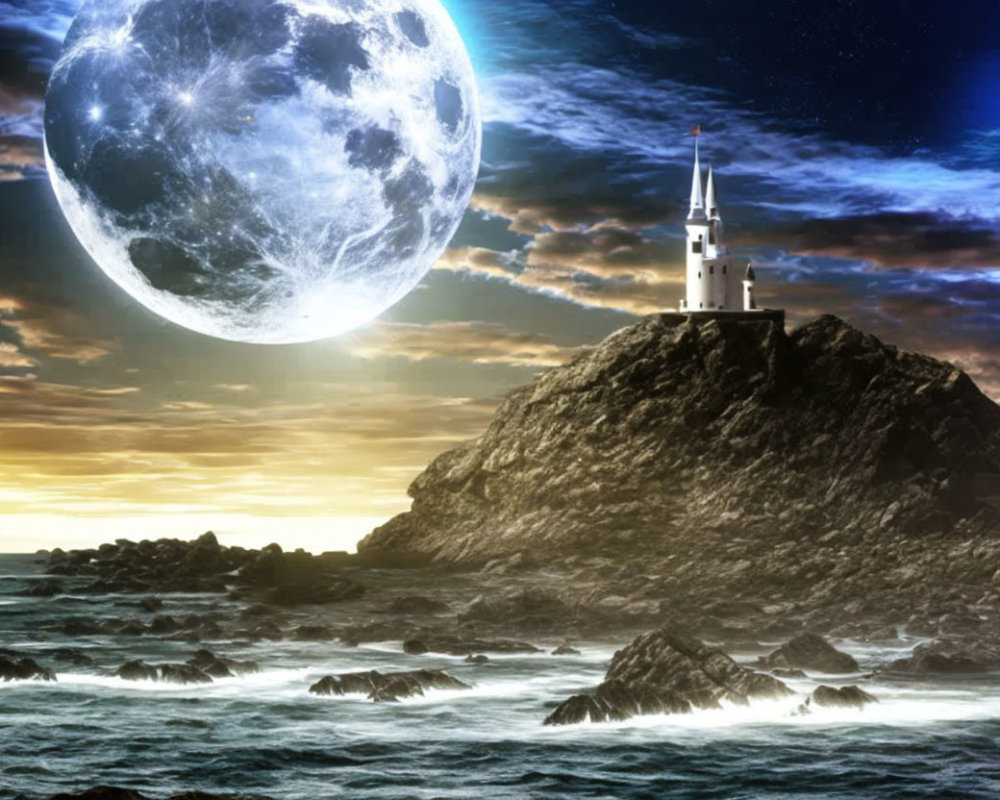 Starry sky lighthouse on rocky outcrop by the sea