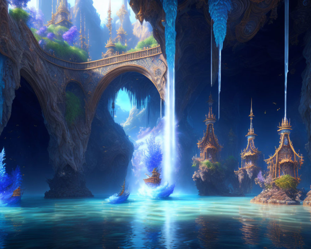 Enchanting underground cavern with glowing waterfall and golden temples above blue lake