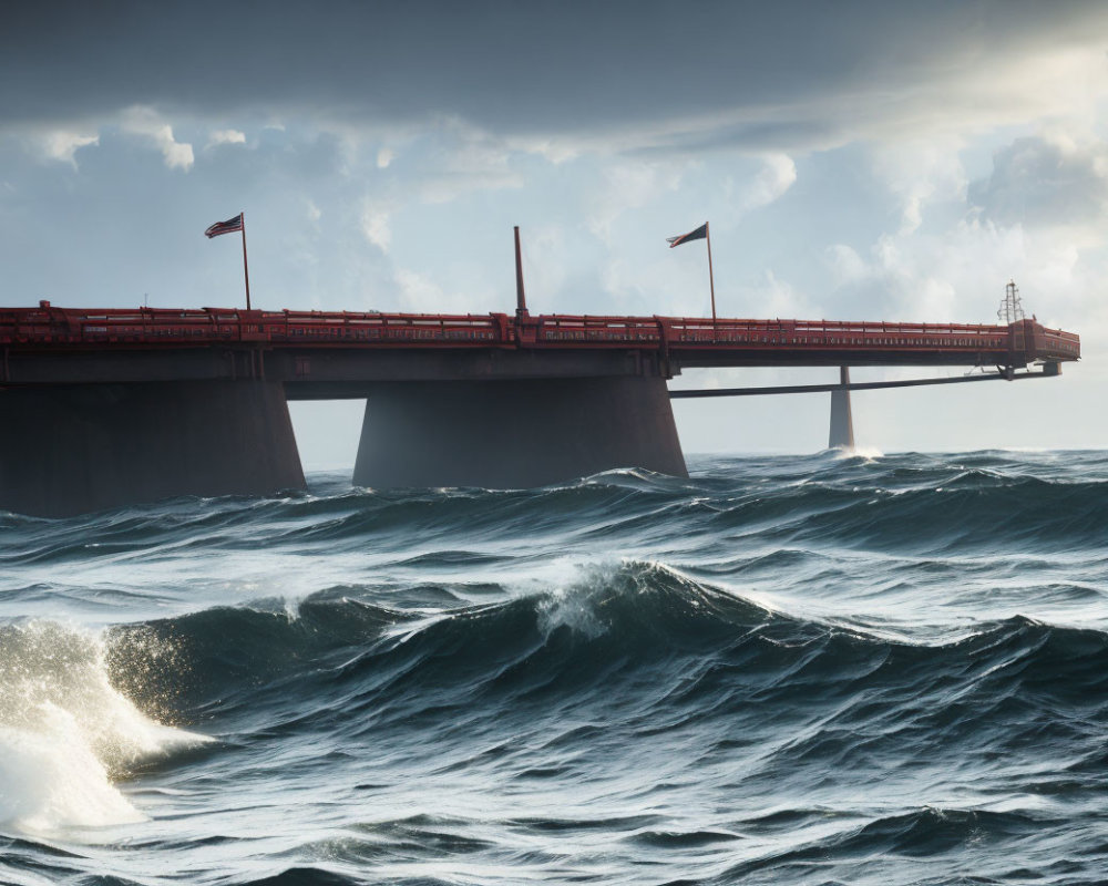 Stormy Sea with Dark Waves and Red Industrial Pier Flags