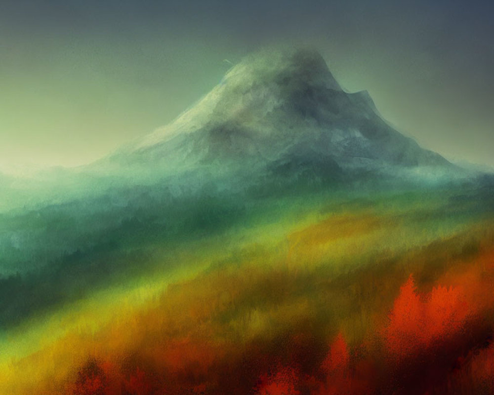 Misty landscape with autumn forest and mountain peak