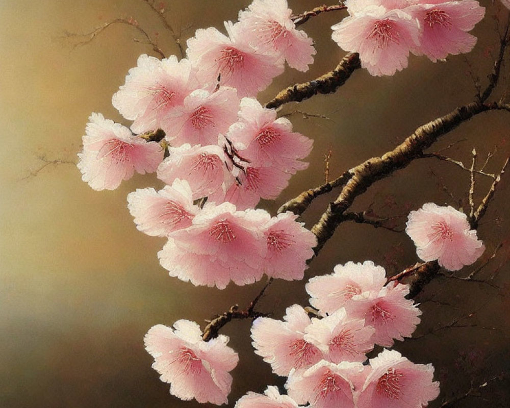 Delicate pink cherry blossoms on dark branch against warm brown background