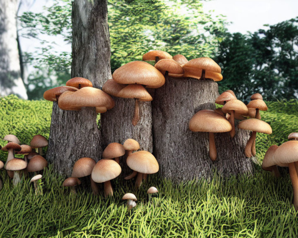 Mushrooms on Moss-Covered Tree Stump in Green Forest