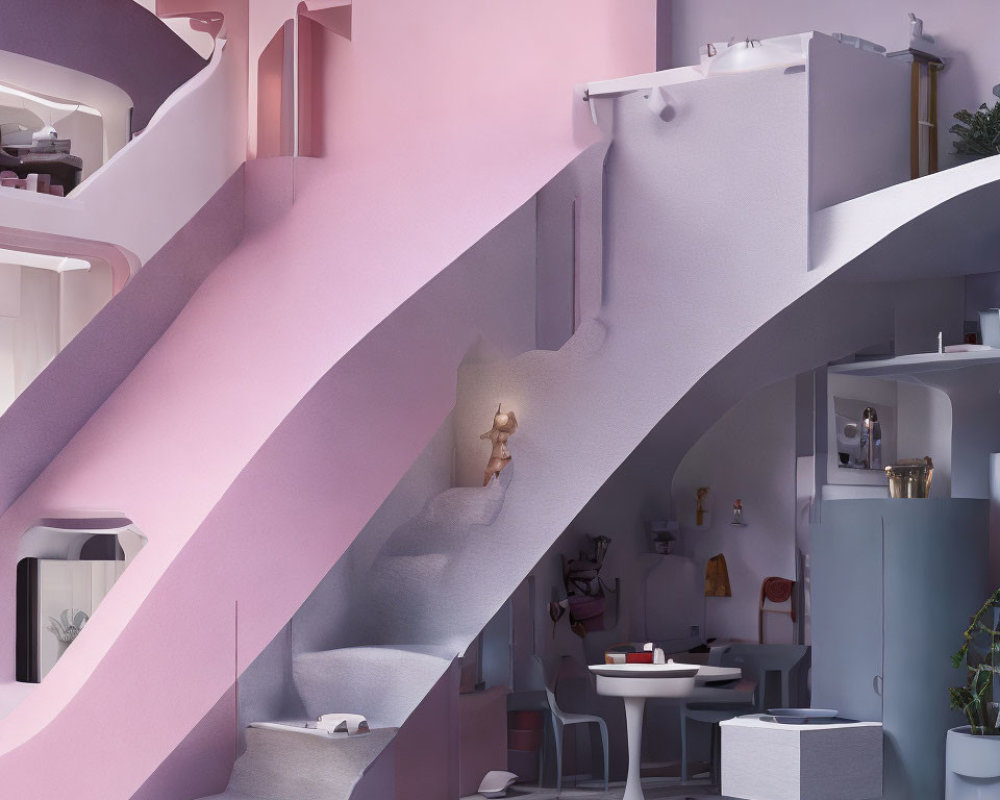 Whimsical interior with multiple staircases and pastel colors