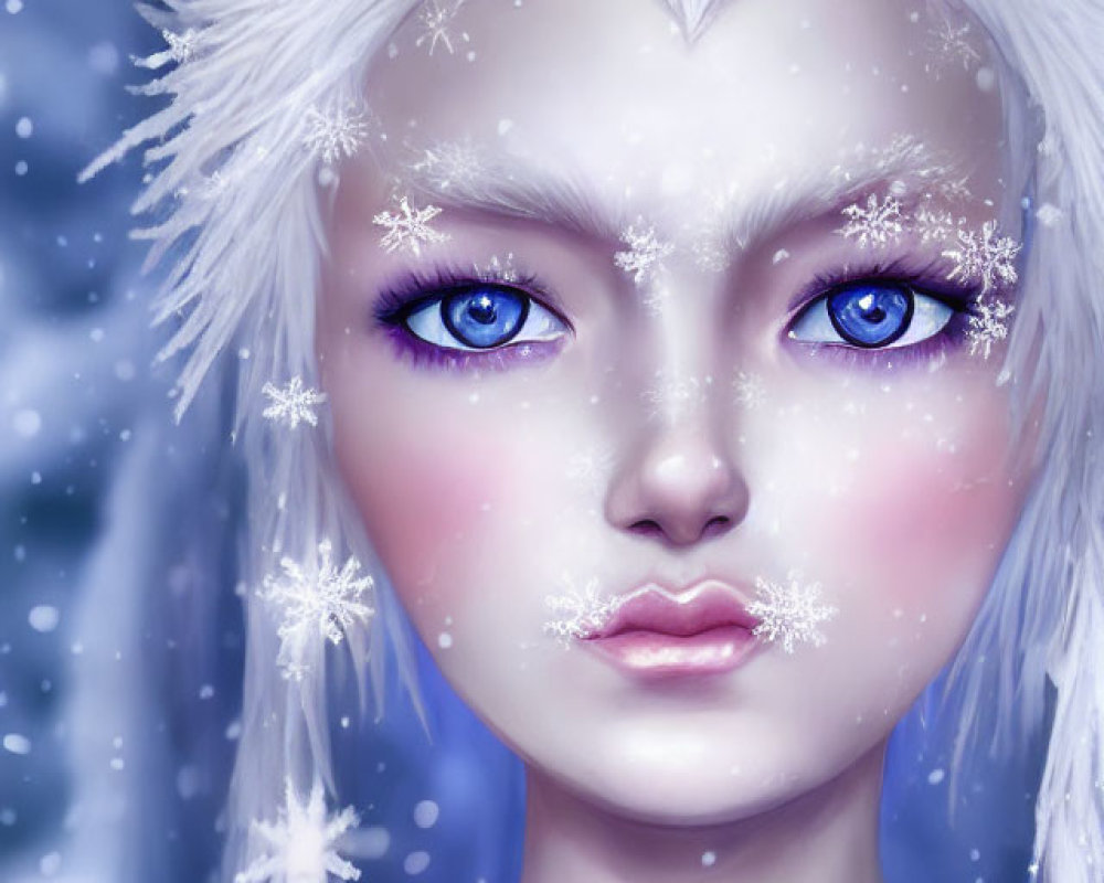 Digital artwork of a person with pale skin, blue eyes, white hair, and snowflakes in