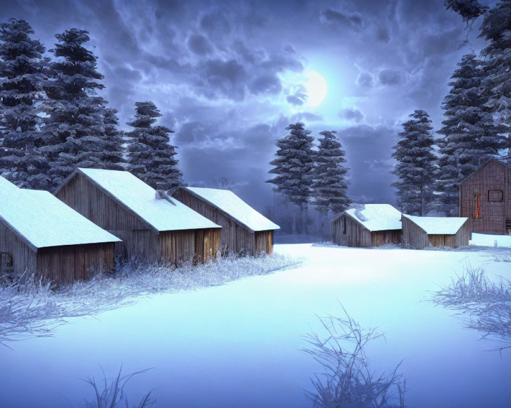 Winter night scene: snow-covered cabins under full moon in forest landscape