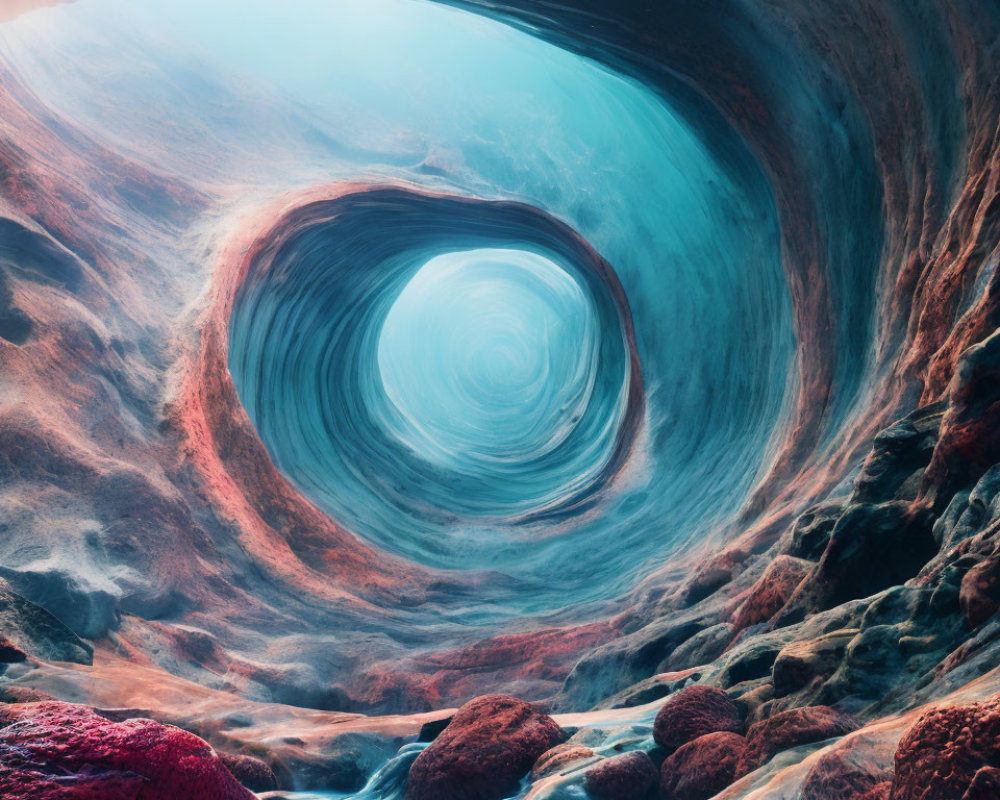 Swirling Vortex with Watery Base and Moss-Covered Rocks under Pink Sky