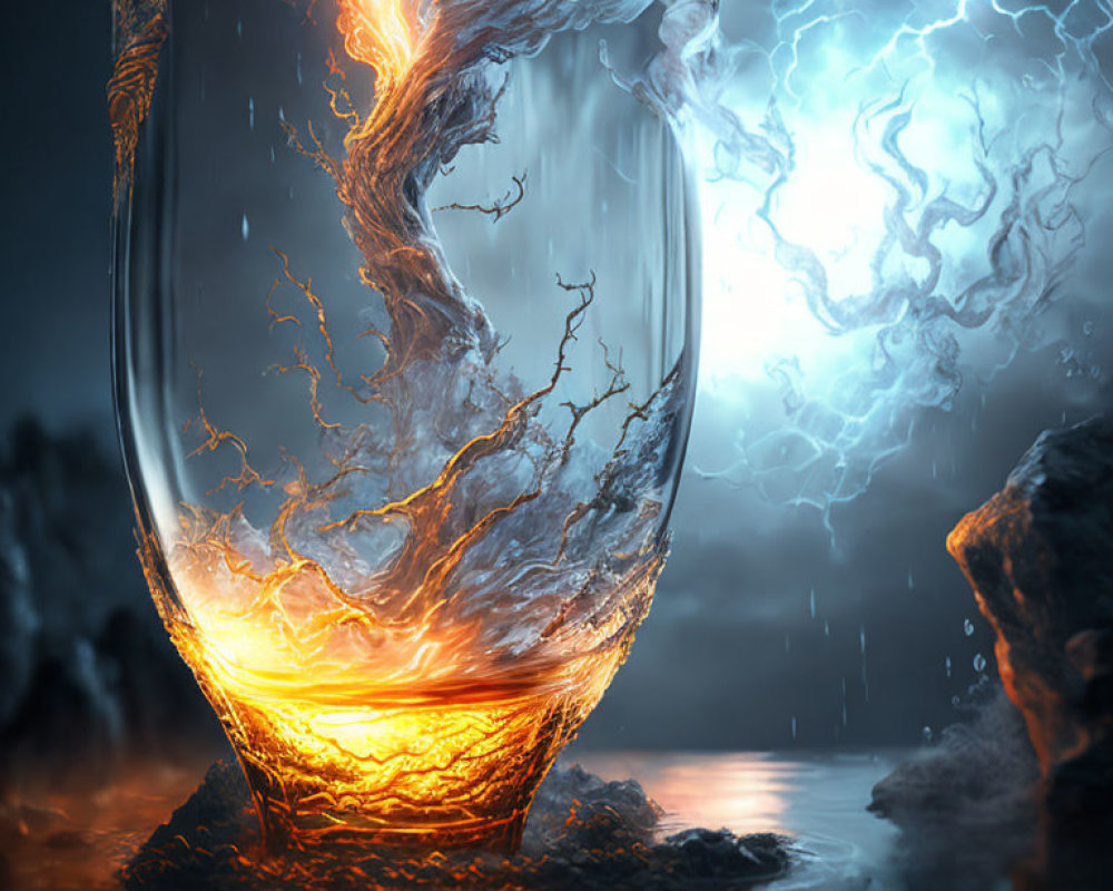 Glass with fiery whirlpool, tree branch structure, lightning bolts in stormy backdrop