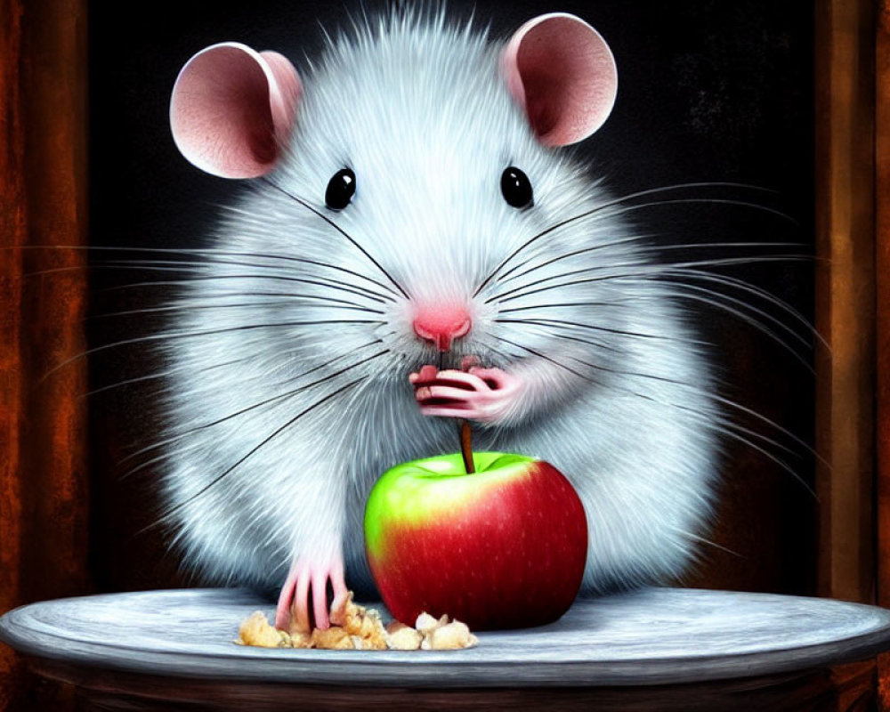 Anthropomorphic gray mouse with apple on wooden table