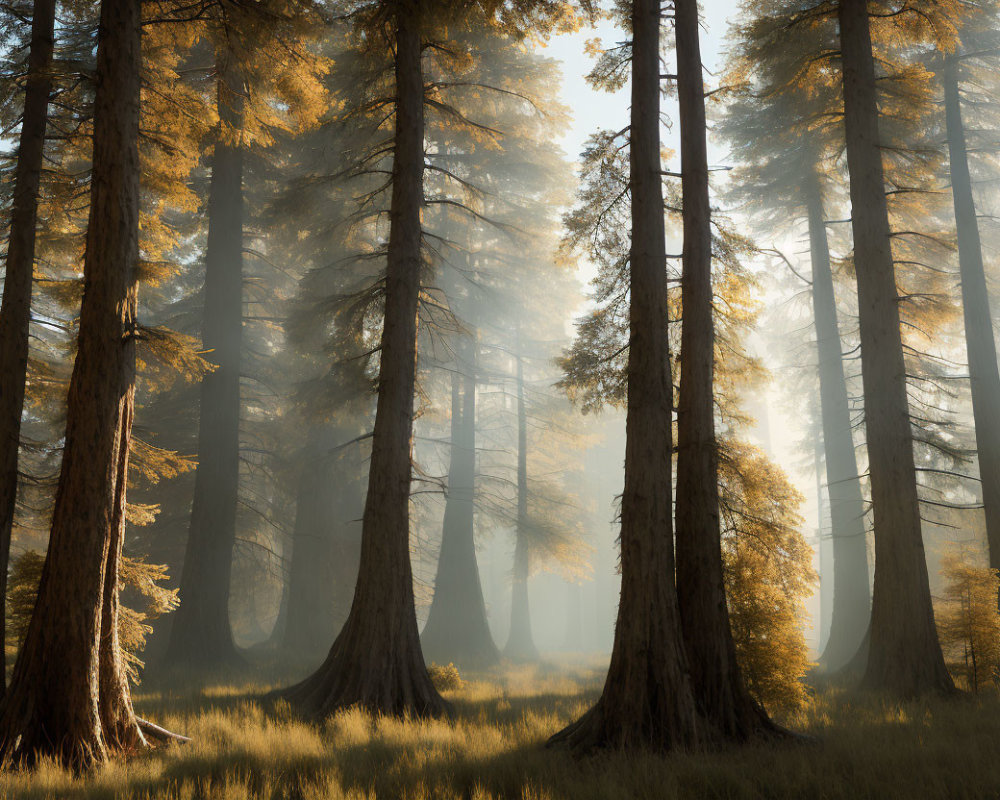 Misty forest with sunlight filtering through trees