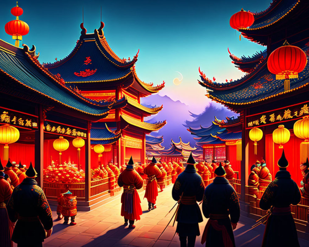 Illustration of guards in traditional attire at dusk in ancient Chinese setting