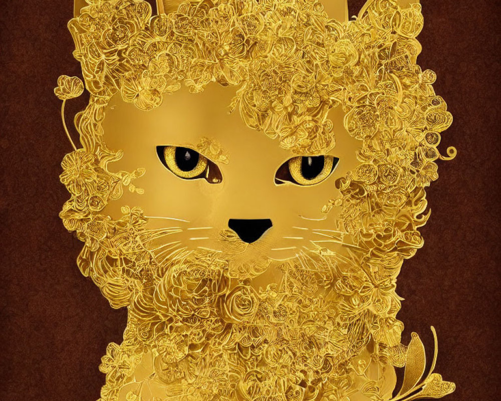 Golden floral-patterned cat with yellow eyes on brown background