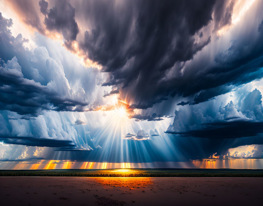 Dramatic Sky with Sunbeams over Tranquil Landscape