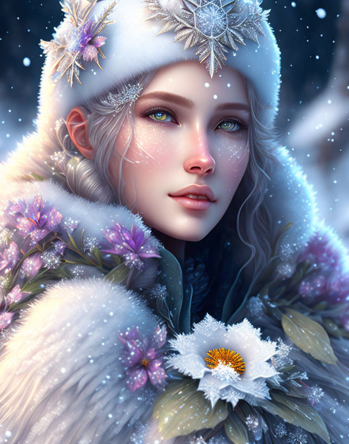 Pale-skinned woman in snowy hat and fur with blue eyes, surrounded by frost and flowers in falling