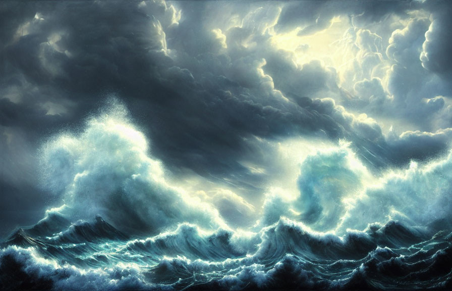 Tumultuous seascape with towering waves under stormy sky