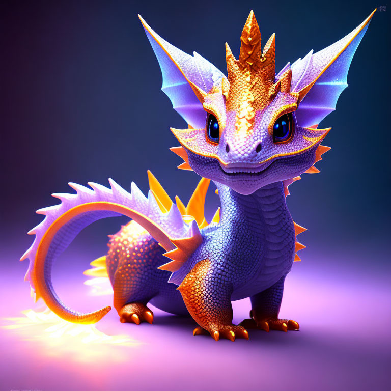 Colorful Cartoon Dragon with Purple Scales and Orange Spikes on Mystical Background