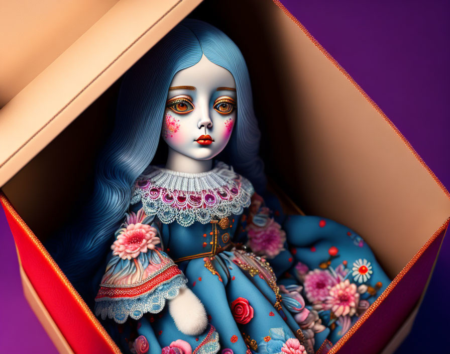 Blue-haired porcelain doll in floral clothes in orange box on purple background