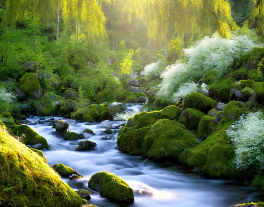 Tranquil stream with moss-covered rocks and lush greenery