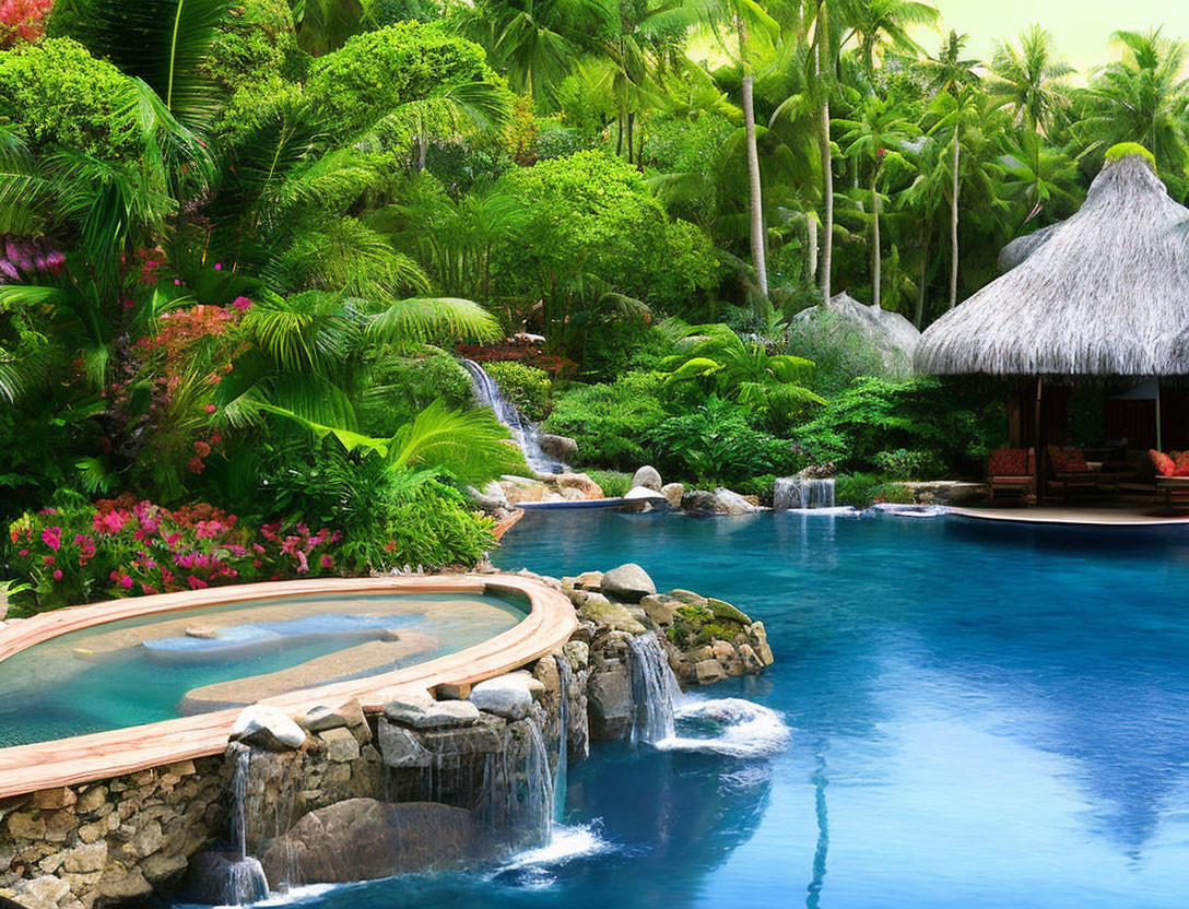 Luxurious tropical resort pool with waterfall and thatched-roof hut surrounded by lush greenery