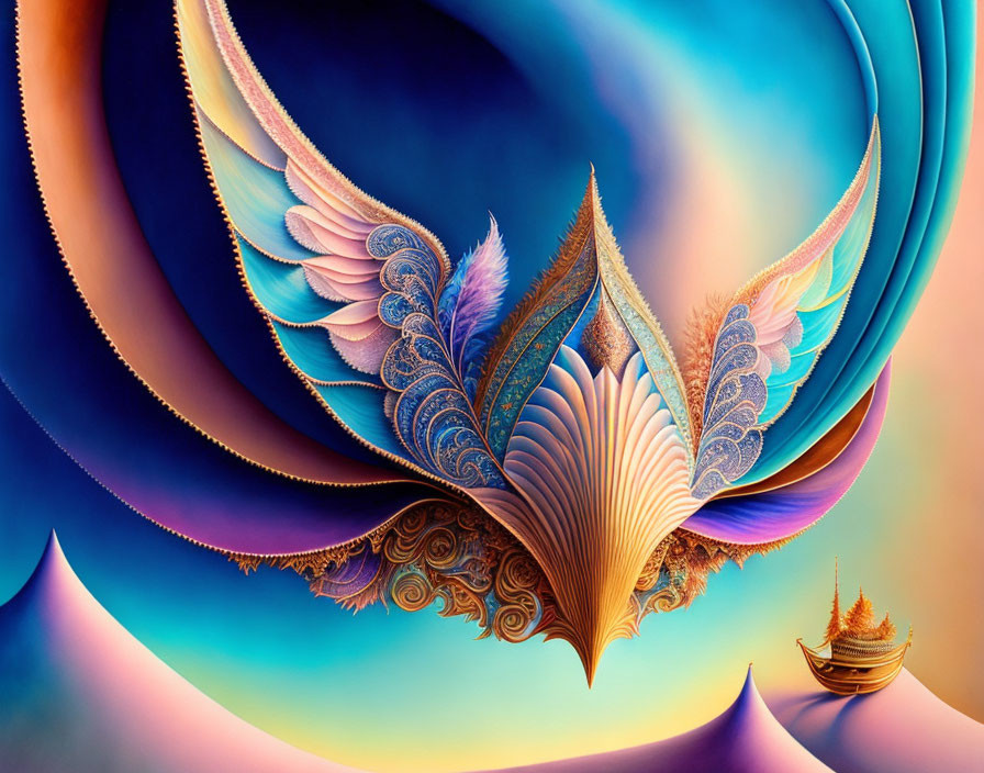 Vibrant abstract digital artwork: bird-like patterns in surreal environment