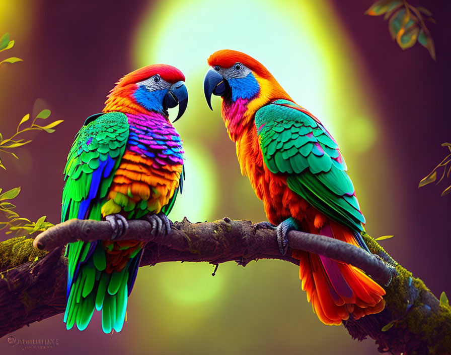 Colorful Parrots Perched on Branch in Forest Setting