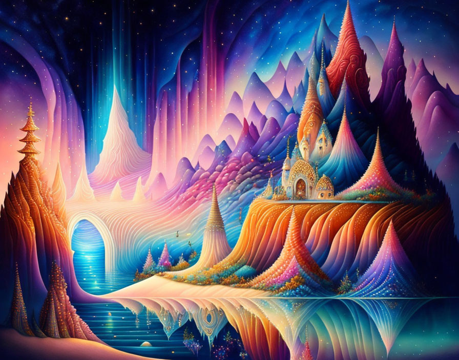 Colorful surreal landscape with wavy hills, patterned palace, whimsical trees, starry sky