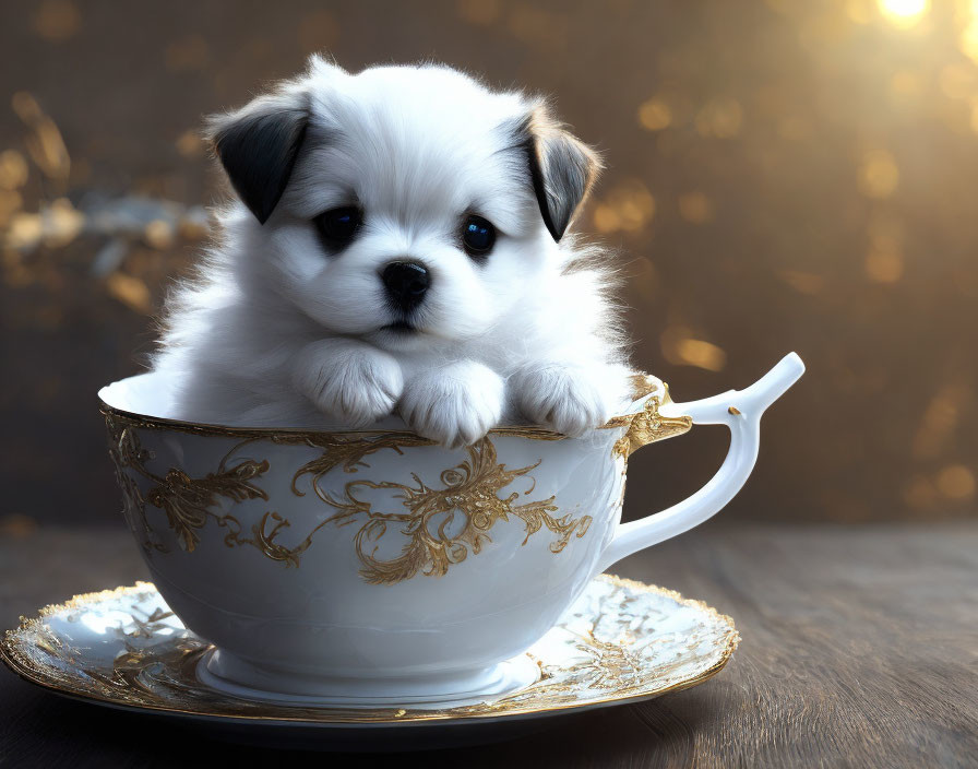 Fluffy white puppy with black patches in oversized teacup on saucer