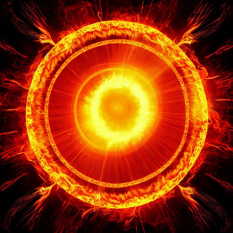 Abstract fiery sun digital artwork with explosive plasma and solar flares