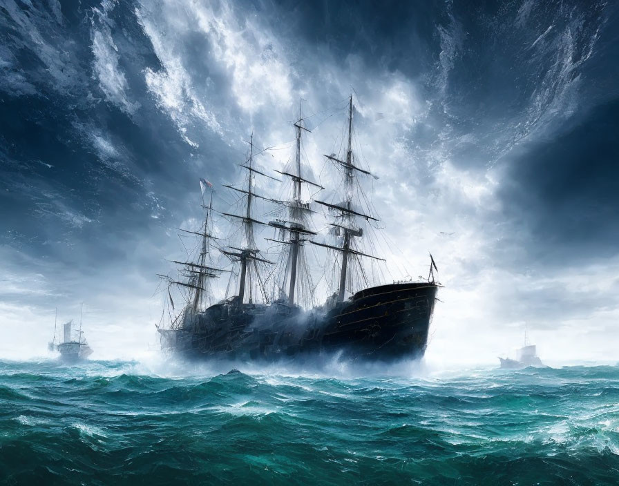 Tall ship sailing through turbulent seas under stormy skies