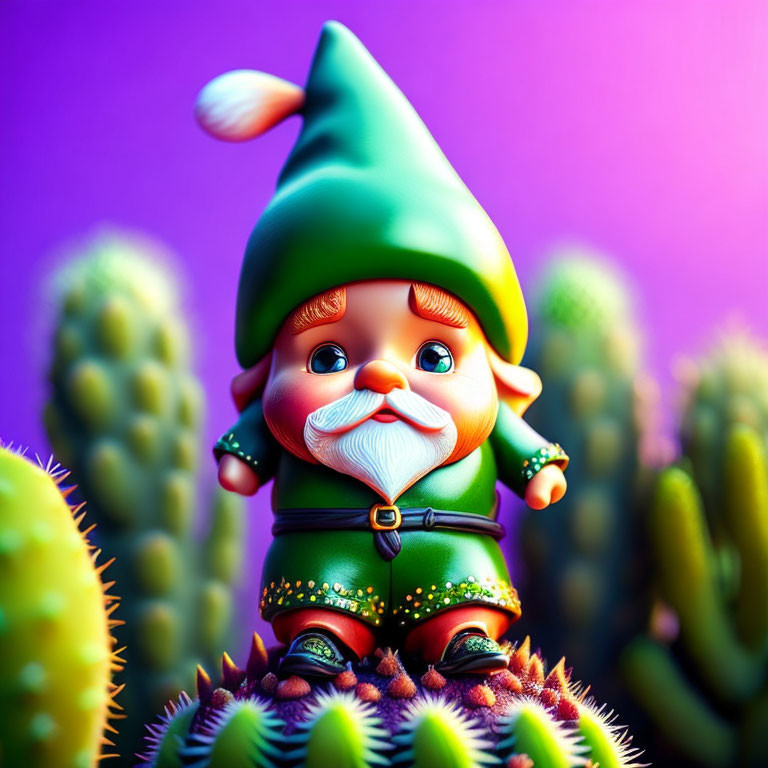 Whimsical garden gnome with green hat in vibrant cactus garden