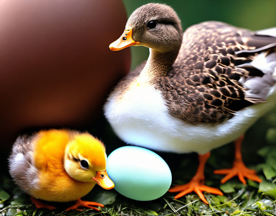 Duckling and mature duck with eggs on grass