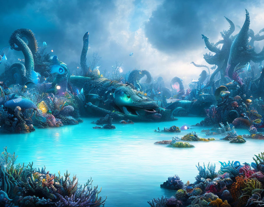 Colorful Coral and Fantastical Creatures in Vibrant Underwater Scene