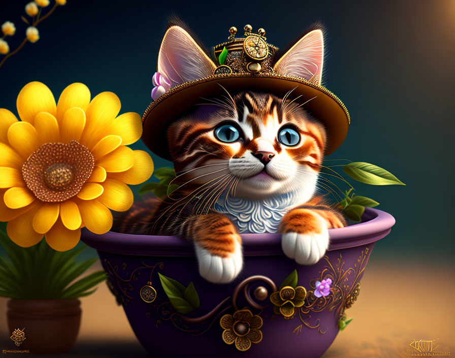 Illustration of orange tabby kitten in hat by purple flower pot with sunflower