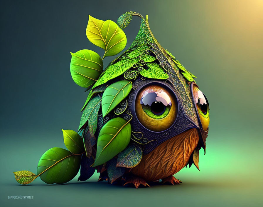 Round leafy creature with owl-like features in intricate digital artwork