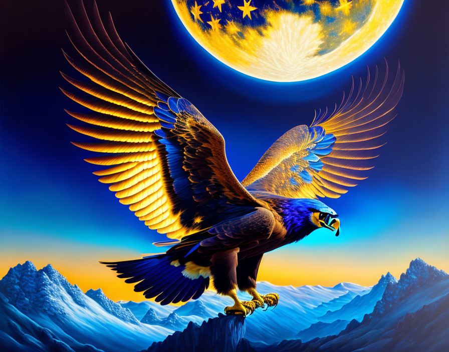 Majestic eagle soaring over mountains under full moon